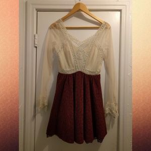 Free People Size 2 Cream & Burgundy Dress
